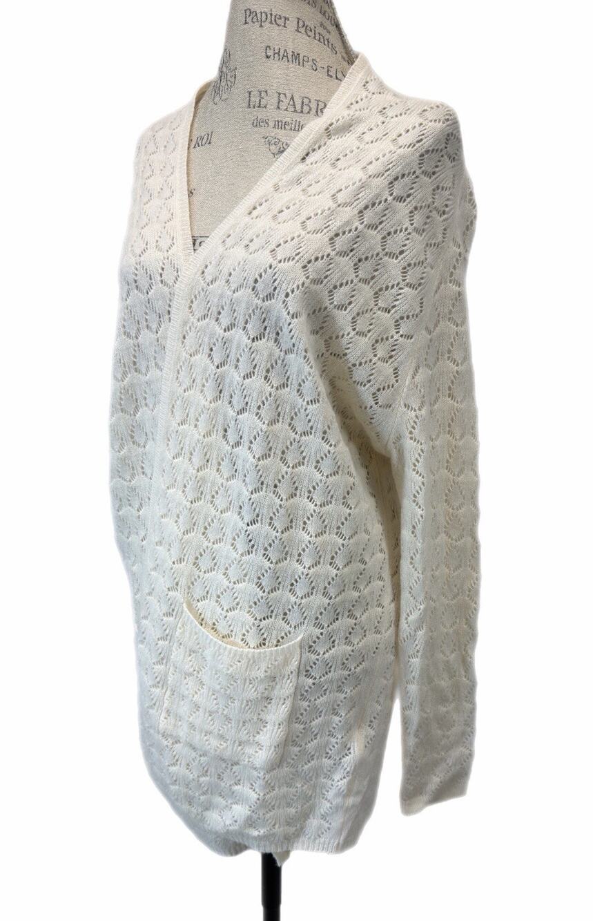 Allude Women Ivory Open Knit Cardigan Pointelle V Neck Long Sleeve Sweater Small